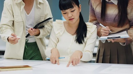 Poster - Architecture, blueprint and teamwork with business woman in Japan for infrastructure planning. Documents, meeting and project management with employee group in office for property development