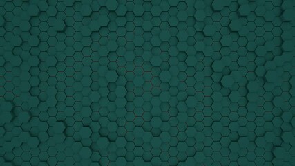 Poster - Dynamic animation of dark green 3D hexagons forming and moving.