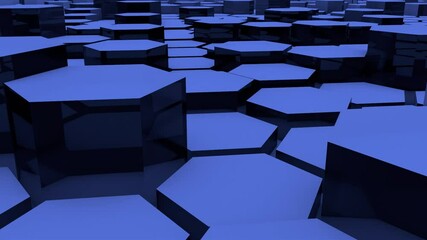 Poster - Blue 3D hexagons shifting dynamically in a futuristic animation.