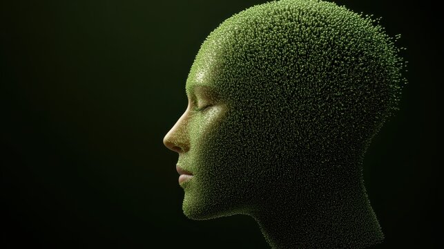 Surreal digital art, woman face crafted from green particles in stunning artistic portrait