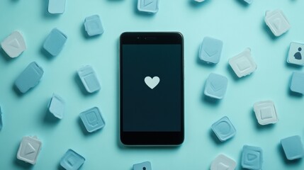 Aufkleber - A smartphone sits on a blue background, surrounded by various icons for likes, notifications, and comments, illustrating digital interaction. Generative AI