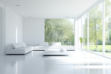 Poster - This bright living room features large windows that bring in natural light and offers a view of a lush green garden outside. Generative AI