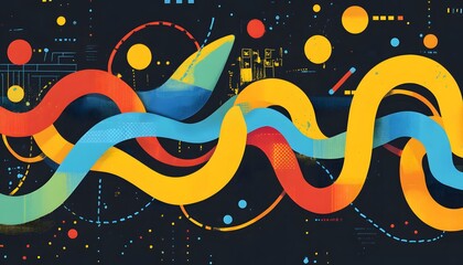 Poster - A vibrant abstract design featuring colorful waves and shapes against a dark background, ideal for creative projects and digital art inspiration.