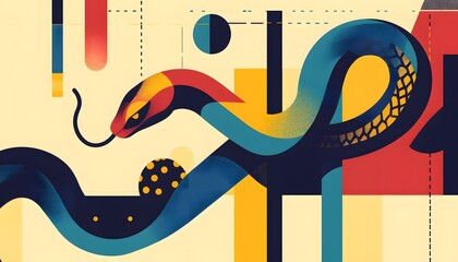 Poster - A vibrant, abstract illustration of a snake intertwining with geometric shapes, featuring vivid colors and dynamic patterns. Perfect for artistic and creative projects.