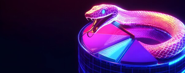 Poster - A vibrant, stylized representation of a snake coiled on a colorful geometric base. The neon colors and dynamic lighting create an eye-catching visual experience.