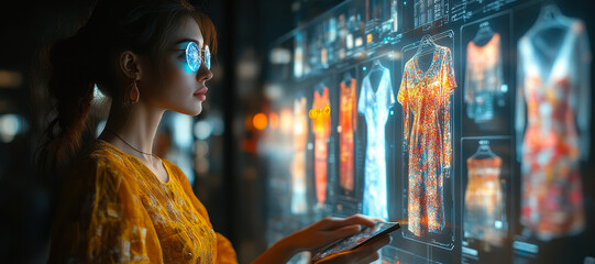 Poster - fashion designer using ai technology for innovative digital outfit design in futuristic workspace