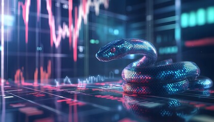 Poster - A futuristic digital snake coils around a data interface, symbolizing the fusion of nature and technology in modern analytics and programming environments.