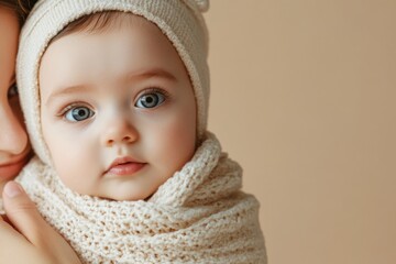 Aufkleber - A mother lovingly embraces her baby, who is warmly wrapped in a scarf, sharing a tender moment at home in soft afternoon light. Generative AI