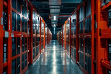 Poster - Network server room with rows of red server racks containing various telecommunication equipment