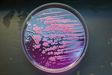 Poster - pink bacteria growing in streaks and colonies on an agar plate, being cultured in a microbiology lab