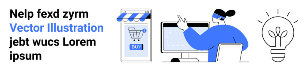 Male figure working on desktop computer, store awning over smartphone, shopping cart, lightbulb icon. Ideal for e-commerce, technology, digital marketing, online shopping, innovation, business
