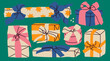 © Dariia - Christmas gift box, wrapped present box with ribbon set. Hand drawn modern Vector illustration. Isolated design elements. Party decoration, present, postcard, New Year celebration, invitation concept