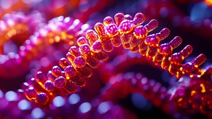 Poster - Close-up of an illuminated DNA strand with sparkling particles on a dark, abstract background. Represents bioinformatics, genetics, and biotechnology innovation