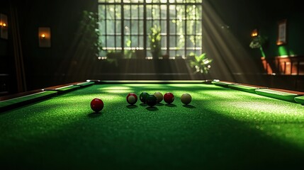 Wall Mural - A billiard table with colorful balls, illuminated by soft light in a cozy setting.