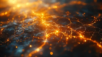 Poster - A glowing neural network pattern with golden nodes and connections, symbolizing data flow and innovation
