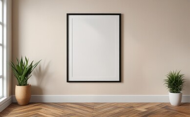 Simple interior design featuring a blank frame on a beige wall with two green plants in stylish pots