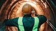 ©  Shomixer - A dedicated worker wearing a hard hat and reflective attire is seen standing in a dim tunnel, directing the luminance ahead, symbolizing industrial perseverance.