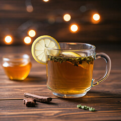 Wall Mural - A steaming cup of tea with lemon and honey, next to cinnamon sticks, on a wooden table with fairy lights in the background