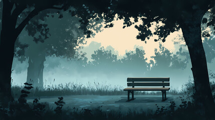 Serene park bench: solitude, stagnation, and serenity. Melancholy. Illustration