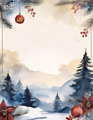 Wall Mural - A festive Christmas scene with pine branches, ornaments, and stars painted in watercolor