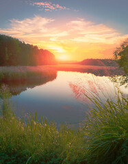Fototapete - Paisaje de un atardecer con lago azul y cielo de color rojizo.