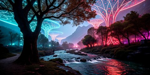 Poster - Abstract Digital Landscape Illuminated by Neon Lights and Data Streams, Blending Technology and Nature in a Surreal Fusion of Colors and Forms for Abstract Art Enthusiasts