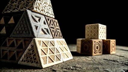 Poster - Abstract Geometric Blocks on Dark Background - Macro Photography Showcasing Intricate Textures and Shapes for Modern Design and Artistic Inspiration