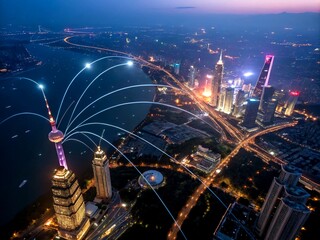Poster - Abstract Light Background Showcasing High-Tech Fiber Optic Connection Points Illuminated by LED Lights, Representing Advanced Infrastructure for Seamless Data Transfer in the Digital Age