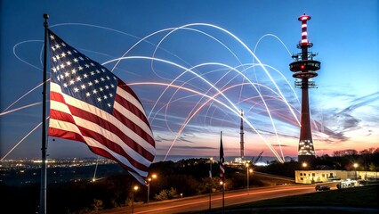 Poster - Abstract Network Communication with American Flag Motif in Long Exposure, Symbolizing Connectivity and Patriotism Through Vibrant Colors and Dynamic Patterns