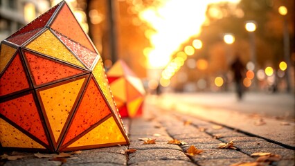 Poster - Abstract Orange and Yellow Geometrical Background with Bokeh Effect for Modern Design and Creative Projects