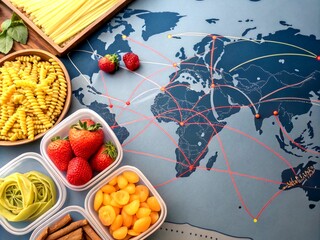 Poster - Abstract Visualization of a Global Network on a Digital Map Featuring Dynamic Connections and Data Transfer Highlighting Cyber Technology Elements in Food Photography Context
