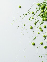 Aufkleber - Bright green peas and splashes of juice are artistically arranged on a clean white surface, emphasizing freshness and vibrancy. Generative AI