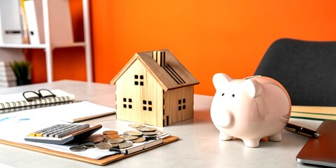 Poster - Aerial View of a Piggy Bank and Wooden Home Model on an Orange Desk Symbolizing Investment in Real Estate and Business Loans for Future Financial Growth
