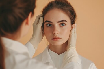 Poster - A young woman discusses cosmetic surgery with a medical professional in a bright clinic, examining potential treatment options. Generative AI