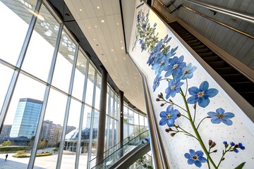 Poster - Architectural Photography of a Unique Display Featuring PNG Real Pressed Forget-Me-Not Flower Petals in a Contemporary Setting with Natural Light and Elegant Composition