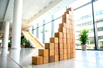 Poster - Architectural Photography of Wooden Cubes Representing a Graph of Business Growth and Increasing Wealth in a Modern Office Setting