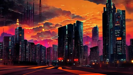 Wall Mural - City landscape artwork with orange sky on the sundown. Textured painting of a cyberpunk city in motion