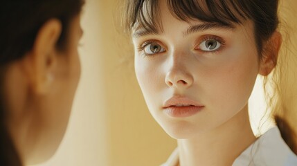 Aufkleber - A young woman reflects on her appearance while discussing cosmetic surgery options with a professional in a bright clinic setting. Generative AI