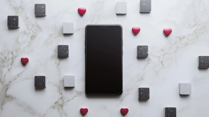 Aufkleber - A smartphone on a marble surface surrounded by symbols of notifications, likes, and comments, showing social media engagement. Generative AI