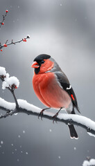 Wall Mural - Red Bullfinch on snowy branch with red berries