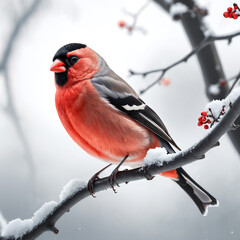 Wall Mural - Red bullfinch on snowy branch