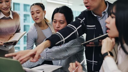 Aufkleber - Meeting, pointing and Asian business people on laptop for website, planning and online project. Creative company, Japan office and men and women on computer for teamwork, collaboration and discussion