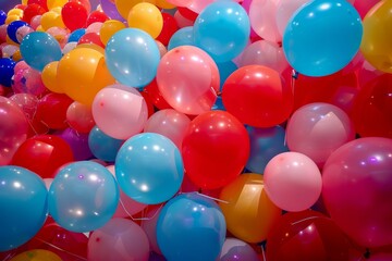 Brightly colored balloons filling the frame, creating a cheerful and festive atmosphere