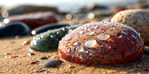 Poster - Captivating Close-Up of a Pebble with Water Drops Glistening Under Natural Light, Showcasing the Intricate Textures and Colors of Nature’s Small Wonders