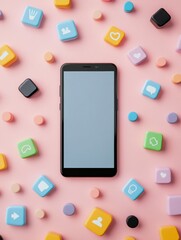 Aufkleber - A smartphone sits on a vibrant pink surface, surrounded by playful notification icons symbolizing social media interactions and engagement. Generative AI