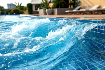 Poster - Captivating Double Exposure of Moving Waves in a Blue Tiled Swimming Pool Under Bright Daylight Showcasing the Dance of Light and Water Reflections