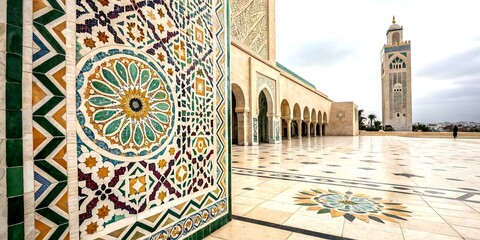 Poster - Captivating Intricate Geometric Islamic Tile Pattern with Vibrant Colors and Detailed Design, Perfect for Cultural and Architectural Representations with Generous Copy Space