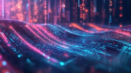 Poster - Abstract Digital Data Wave: Pink and Blue Binary Code Landscape