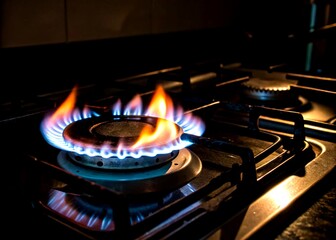 Poster - Captivating Long Exposure of Flame Igniting on Gas Stove in Dark Setting, Showcasing the Dance of Light and Shadow with Slow Motion Effects for Culinary and Home Decor Themes
