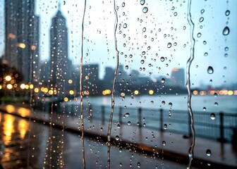 Poster - Captivating Long Exposure of Water Streaks on a Glass Window, Showcasing the Elegance of Nature’s Patterns Amidst Urban Life with a Blurred Background and Soft Lighting